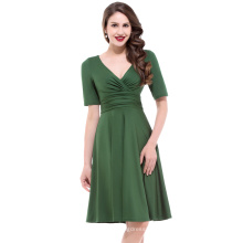 Belle Poque Stock Vintage Casual Green Kurzarm V-Ausschnitt 50er Retro Vintage Kleid BP000006-4